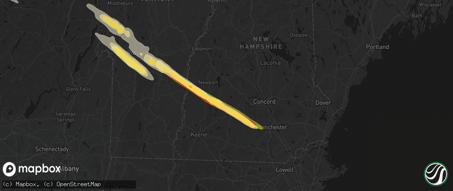 Hail map in Bradford, NH on July 14, 2026