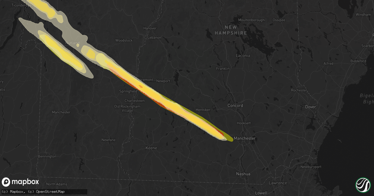 Hail map in Bradford, NH on July 14, 2026