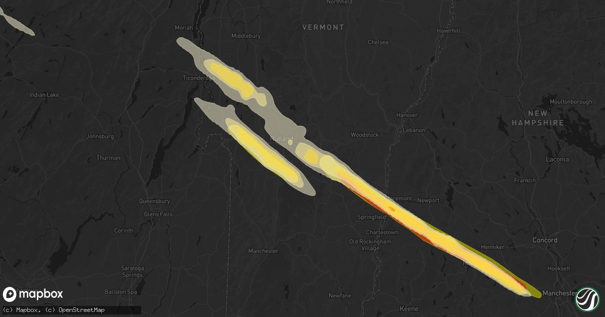 Hail map in Cuttingsville, VT on July 14, 2026