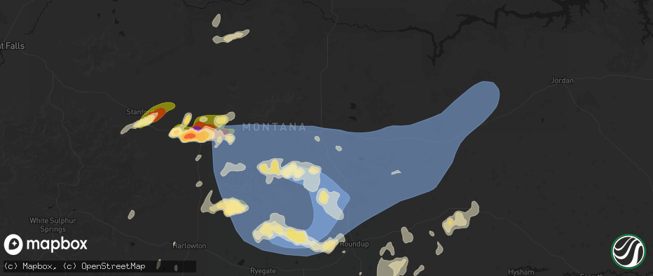 Hail map in Grass Range, MT on July 14, 2026
