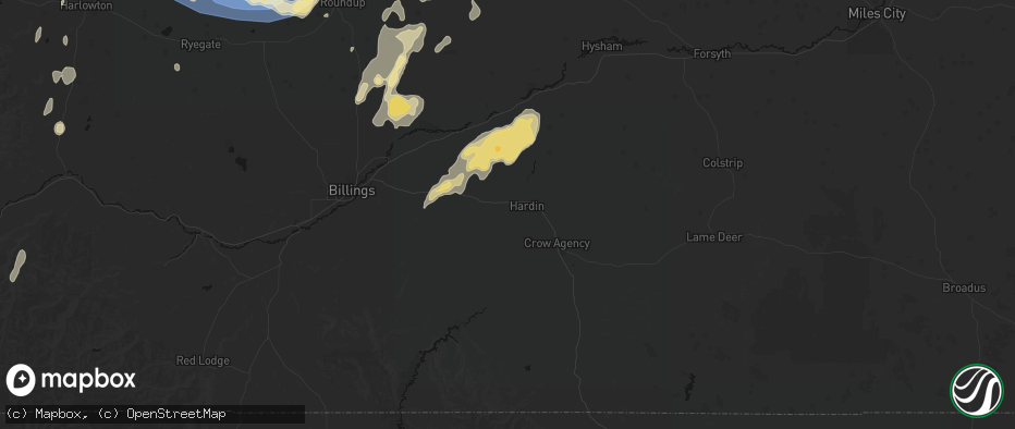 Hail map in Hardin, MT on July 14, 2026
