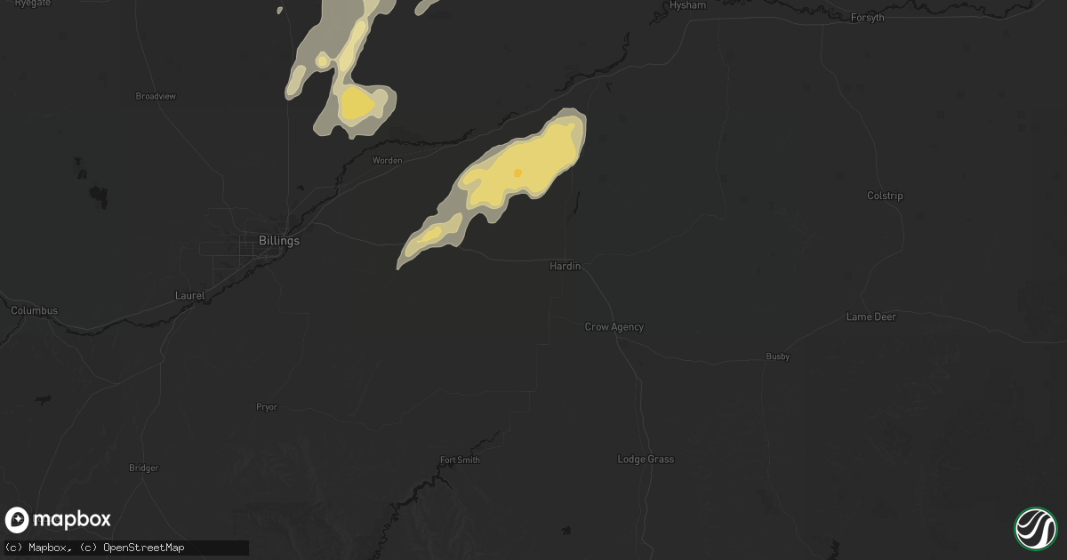 Hail map in Hardin, MT on July 14, 2026
