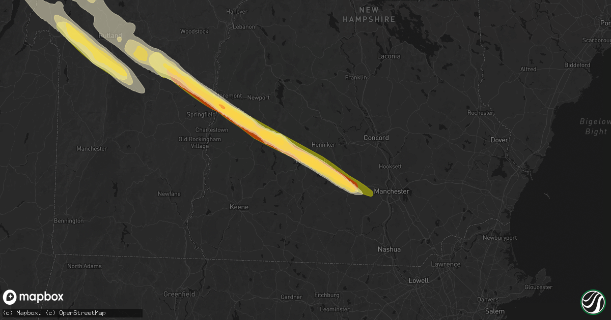 Hail map in Hillsborough, NH on July 14, 2026