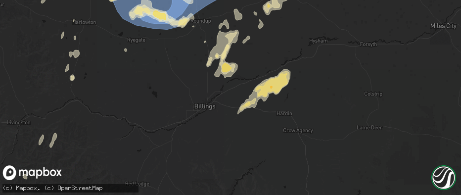 Hail map in Huntley, MT on July 14, 2026