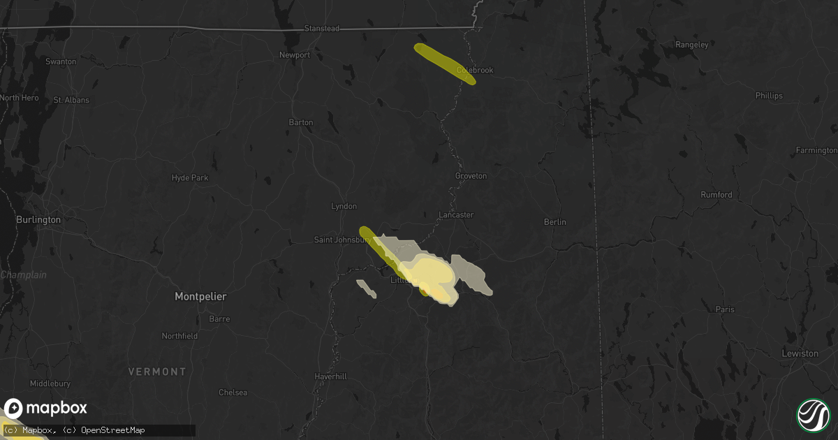 Hail map in Lunenburg, VT on July 14, 2026