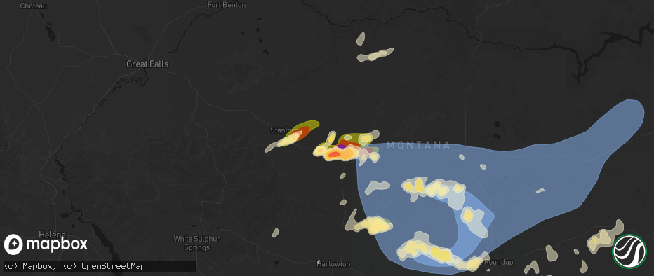 Hail map in Moccasin, MT on July 14, 2026