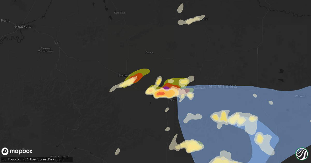 Hail map in Moccasin, MT on July 14, 2026