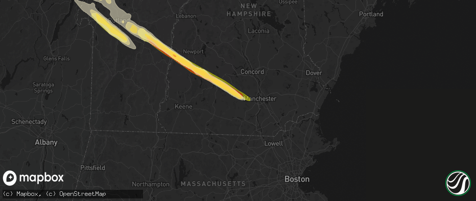 Hail map in New Boston, NH on July 14, 2026