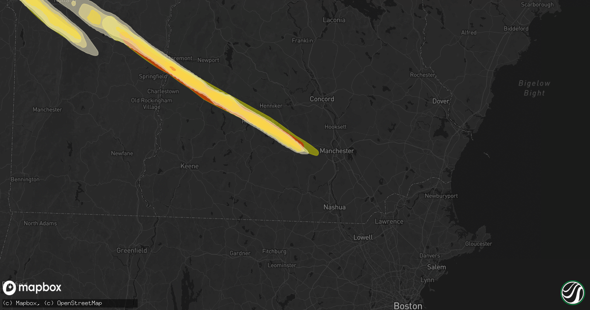 Hail map in New Boston, NH on July 14, 2026