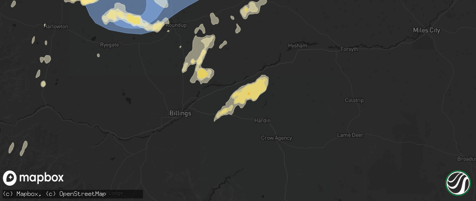 Hail map in Pompeys Pillar, MT on July 14, 2026