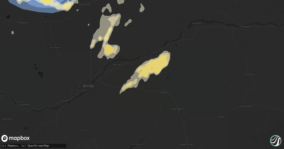 Hail map in Pompeys Pillar, MT on July 14, 2026