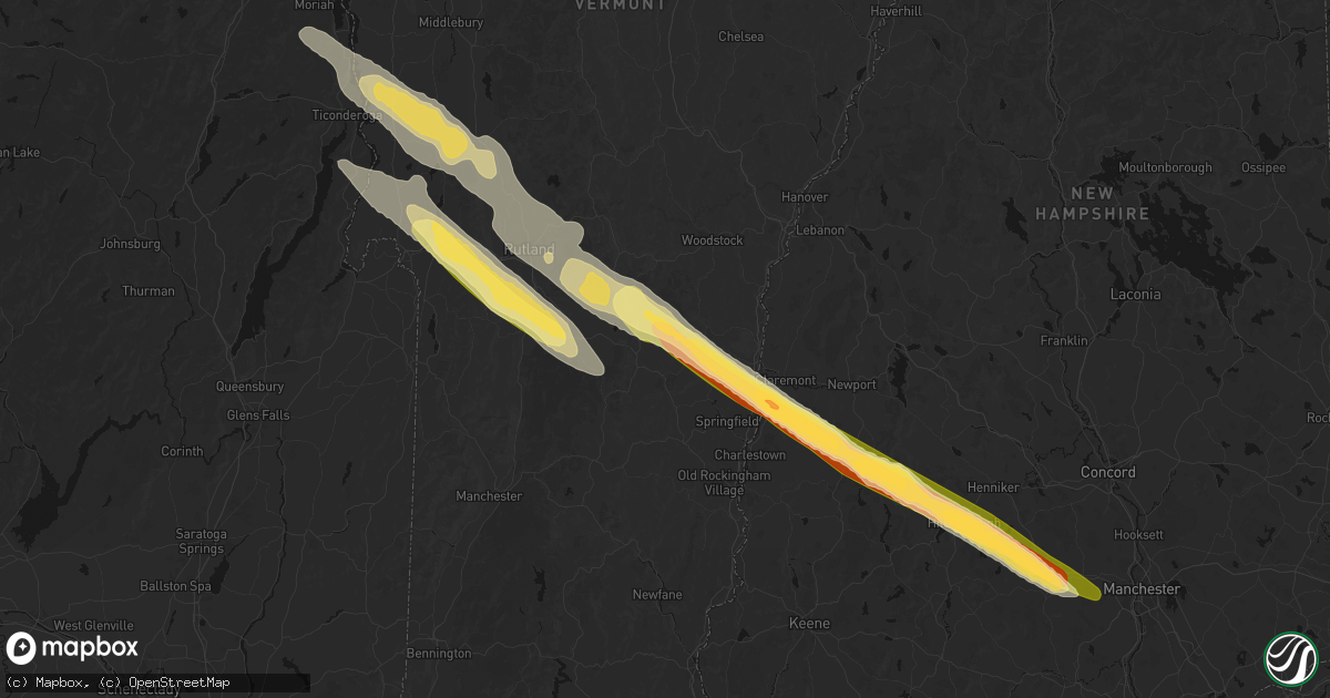 Hail map in Proctorsville, VT on July 14, 2026