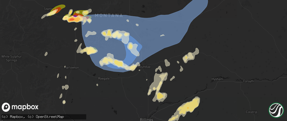 Hail map in Roundup, MT on July 14, 2026