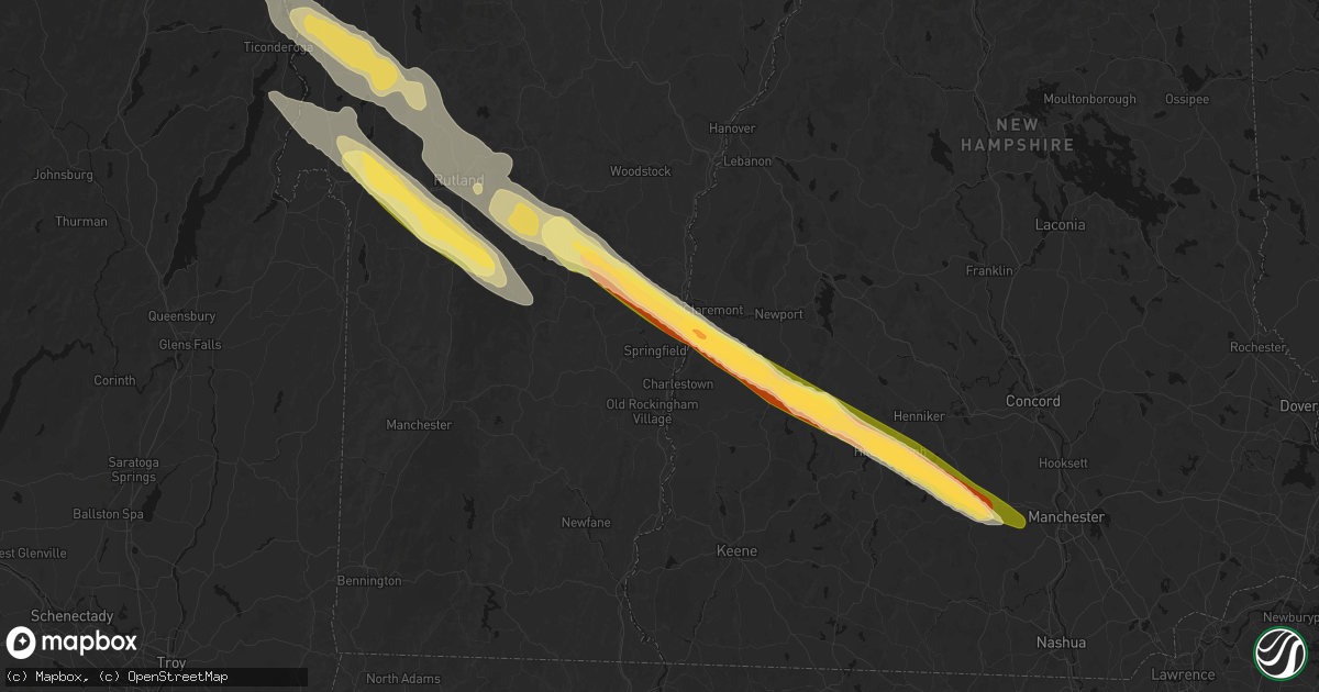 Hail map in Springfield, VT on July 14, 2026