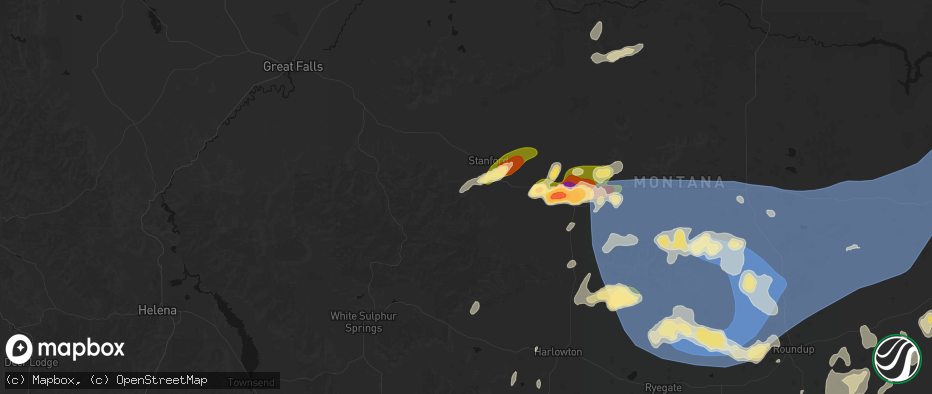 Hail map in Stanford, MT on July 14, 2026