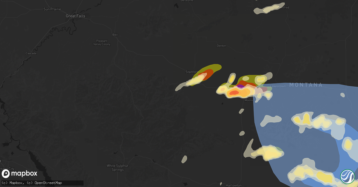 Hail map in Stanford, MT on July 14, 2026