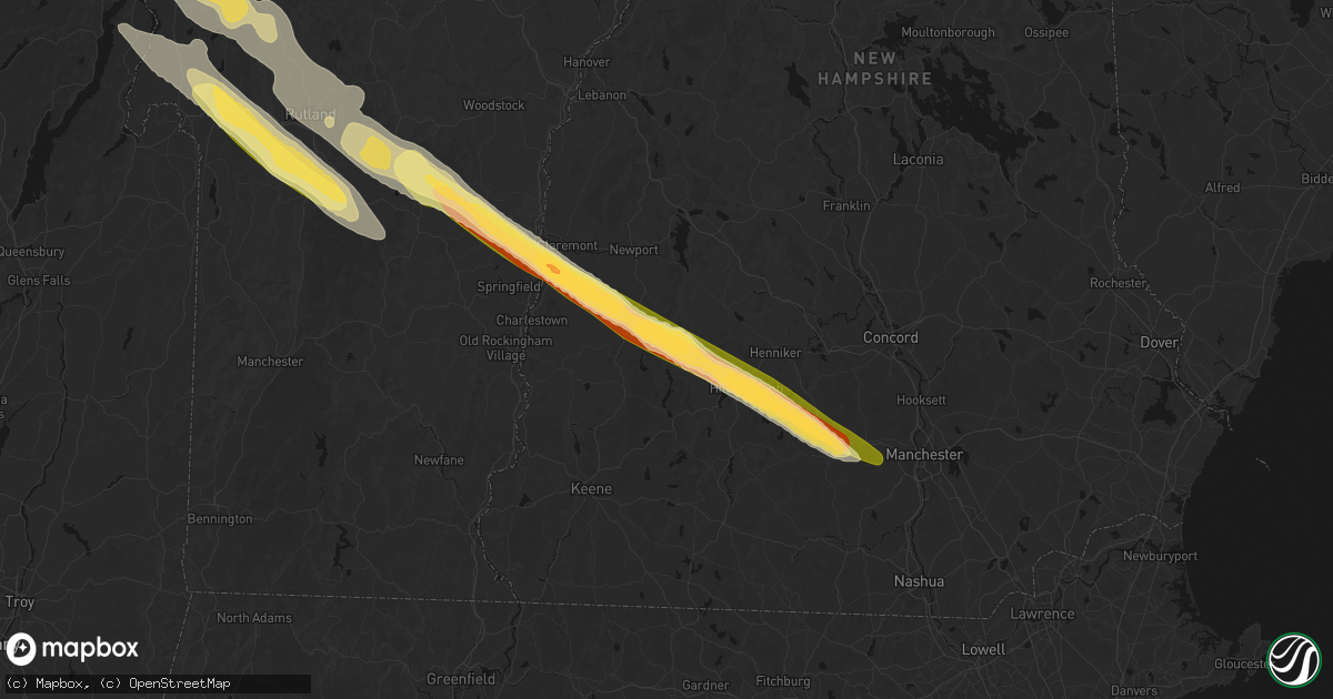 Hail map in Washington, NH on July 14, 2026