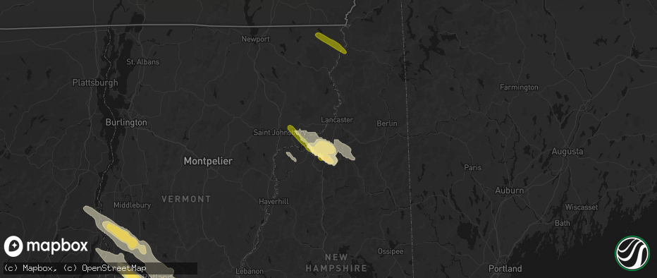 Hail map in Whitefield, NH on July 14, 2026