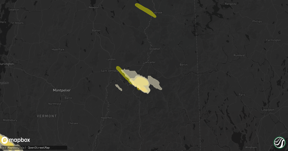 Hail map in Whitefield, NH on July 14, 2026