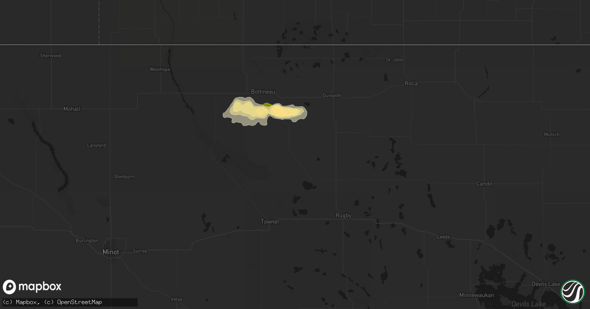 Hail map in Willow City, ND on July 14, 2026