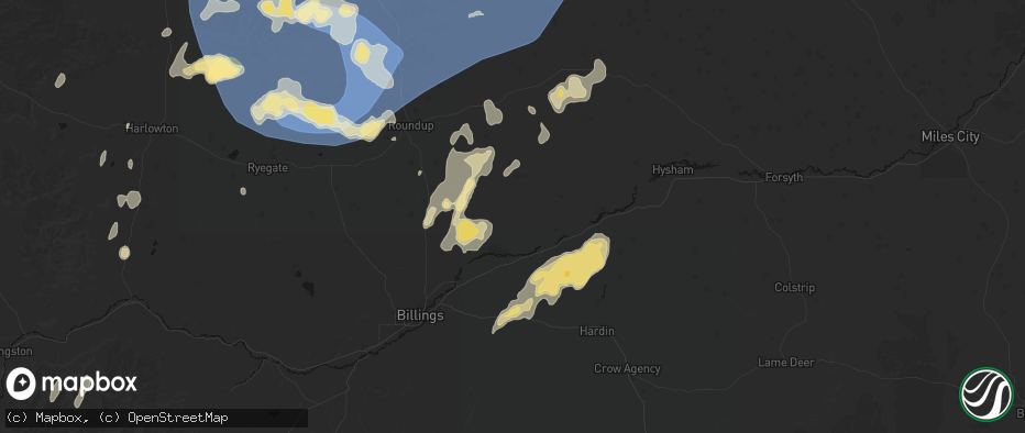 Hail map in Worden, MT on July 14, 2026