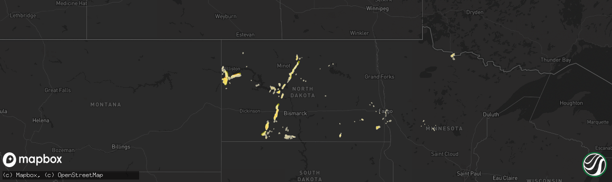 Hail map in North Dakota on July 15, 2015