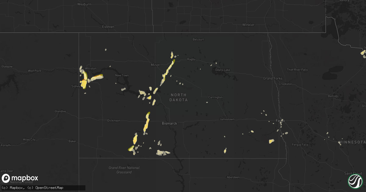 Hail map in North Dakota on July 15, 2015