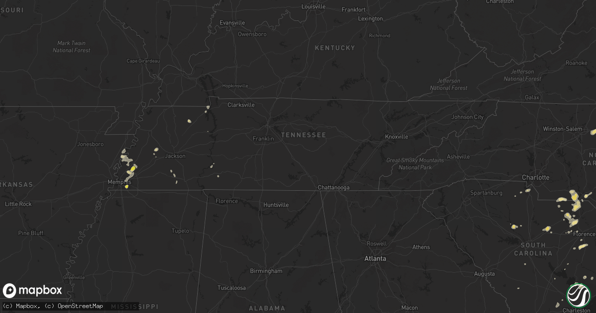 Hail map in Tennessee on July 15, 2016