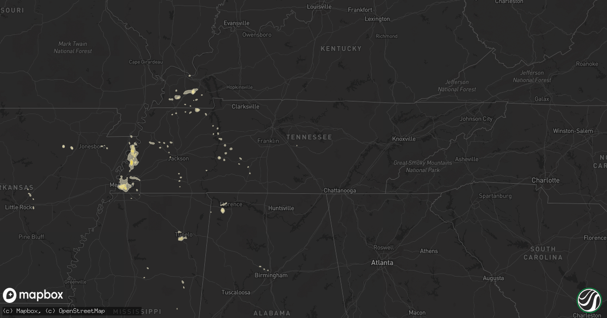 Hail map in Tennessee on July 15, 2018