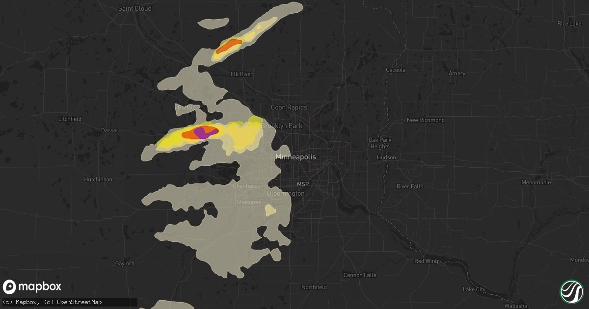 Hail map in Minneapolis, MN on July 15, 2019