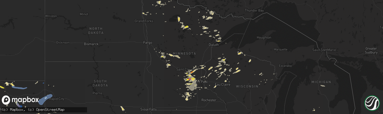 Hail map in Minnesota on July 15, 2019