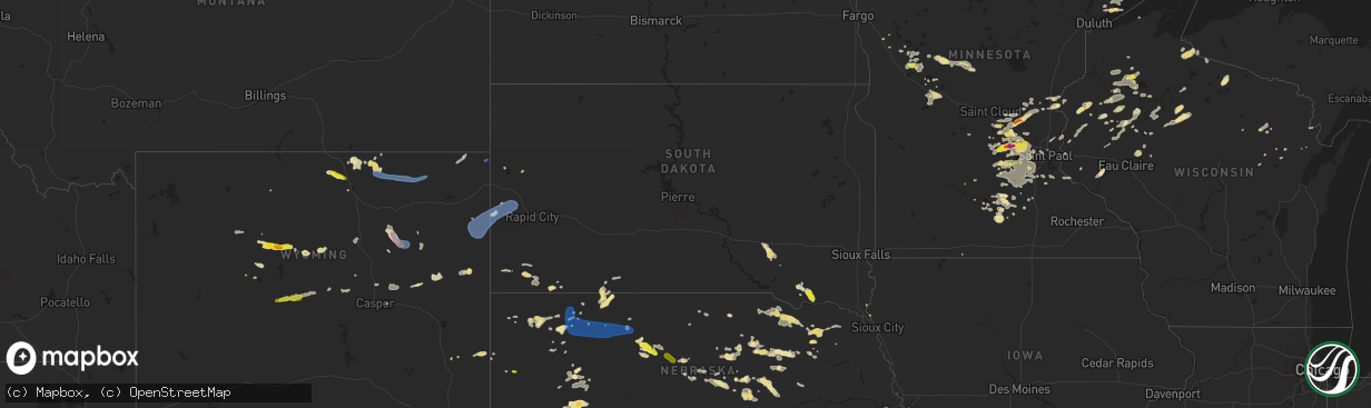 Hail map in South Dakota on July 15, 2019