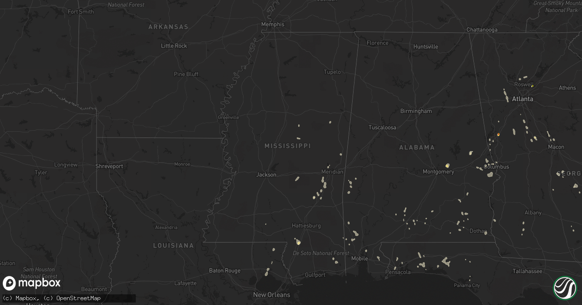 Hail map in Mississippi on July 15, 2020