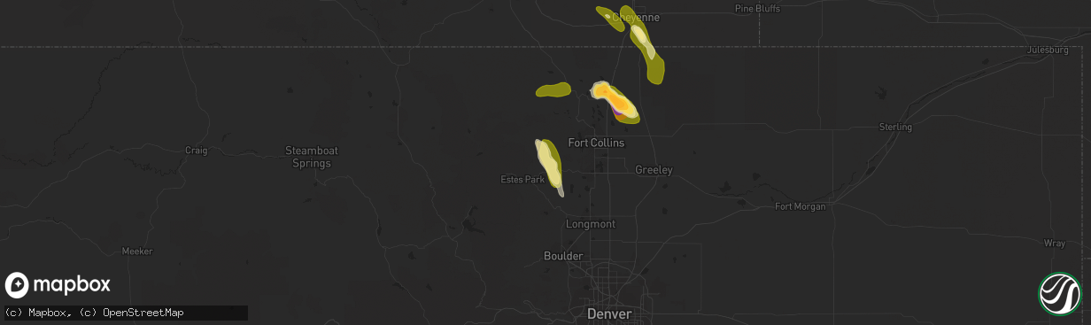 Hail map in Drake, CO on July 15, 2023