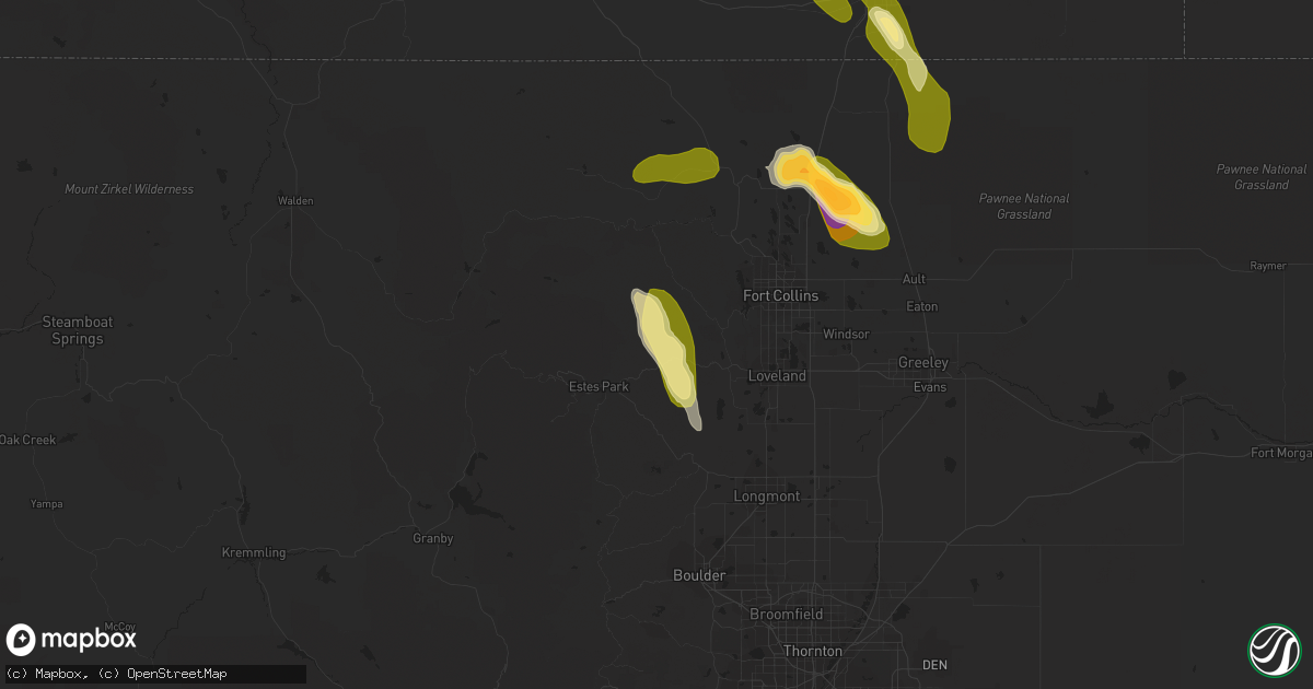 Hail map in Drake, CO on July 15, 2023