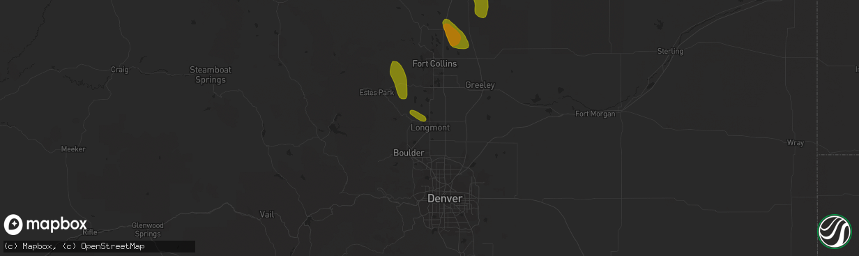 Hail map in Longmont, CO on July 15, 2023