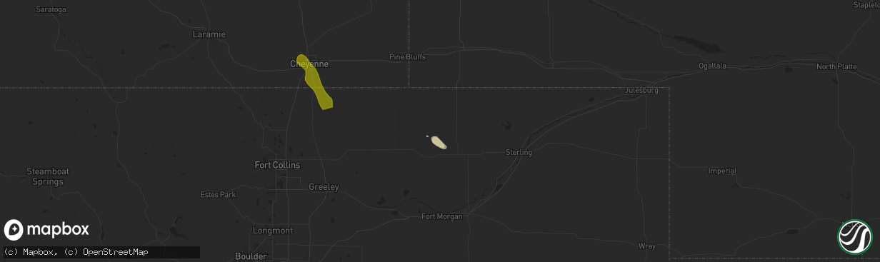 Hail map in New Raymer, CO on July 15, 2023