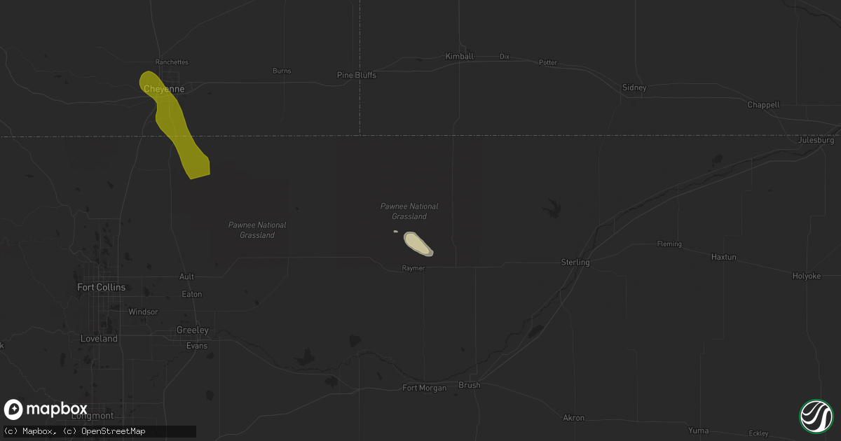 Hail map in New Raymer, CO on July 15, 2023