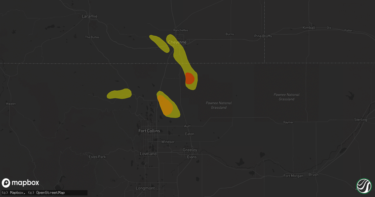 Hail map in Nunn, CO on July 15, 2023