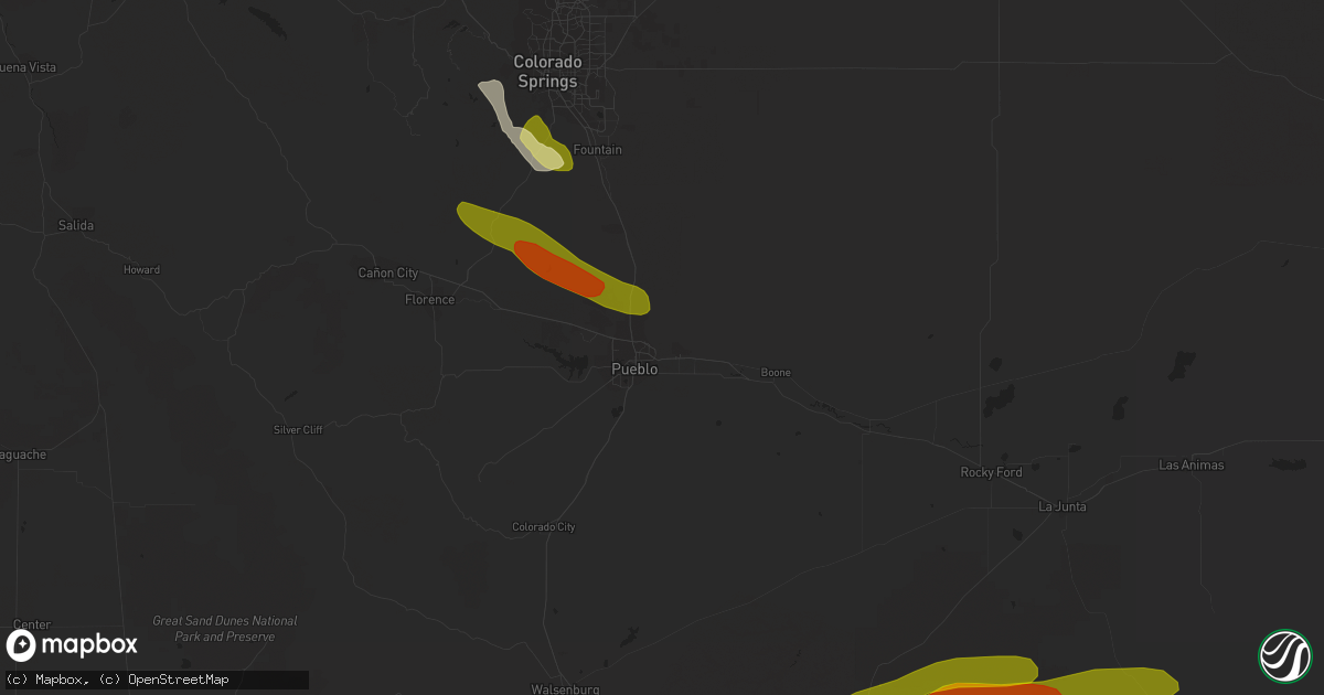 Hail map in Pueblo, CO on July 15, 2023