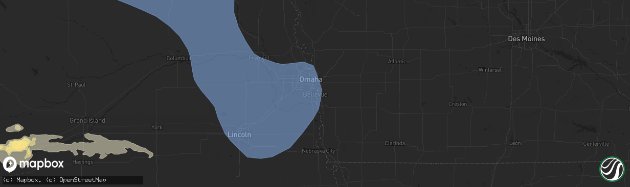 Hail map in Bellevue, NE on July 15, 2025