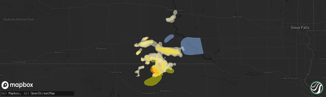Hail map in Dallas, SD on July 15, 2025
