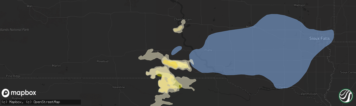 Hail map in Gregory, SD on July 15, 2025