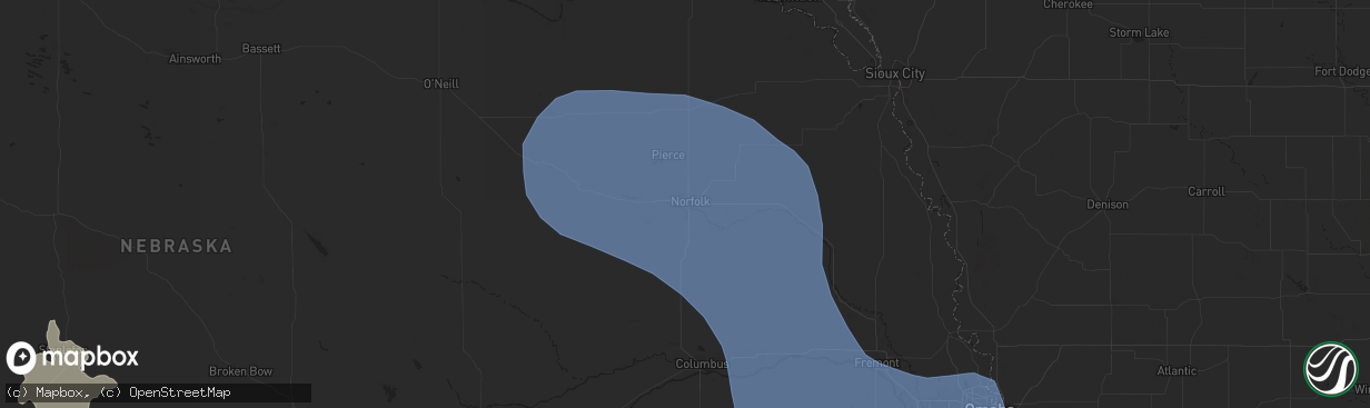 Hail map in Norfolk, NE on July 15, 2025