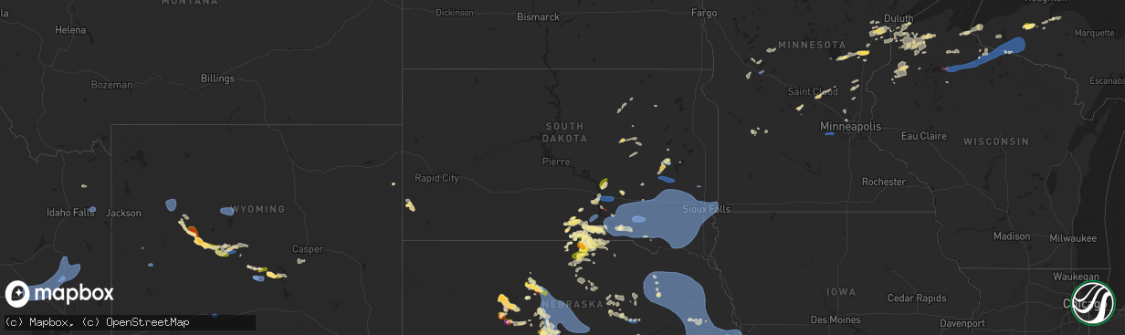Hail map in South Dakota on July 15, 2025