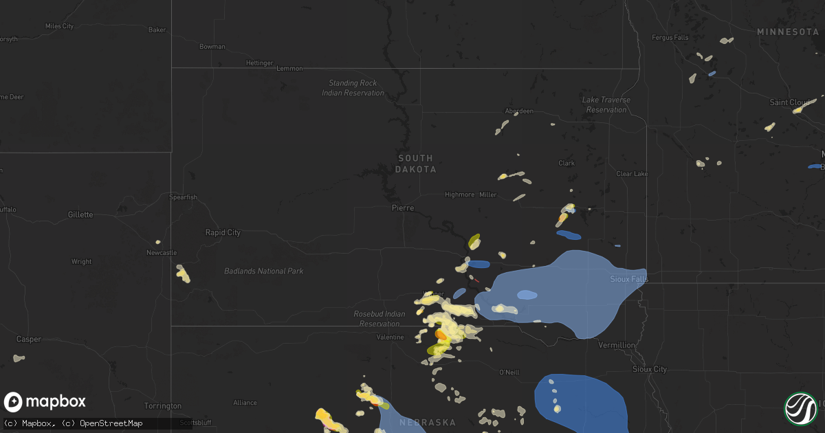 Hail map in South Dakota on July 15, 2025