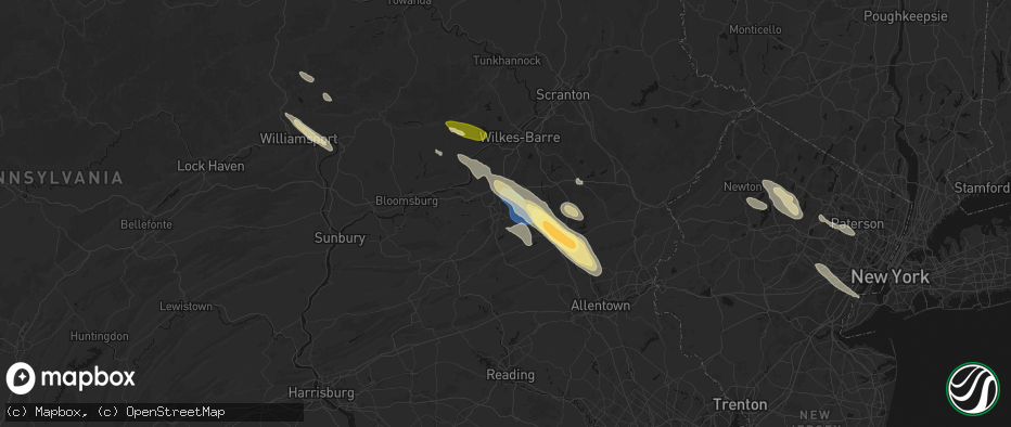 Hail map in Hazleton, PA on July 15, 2026