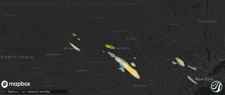 Hail map in Hunlock Creek, PA on July 15, 2026