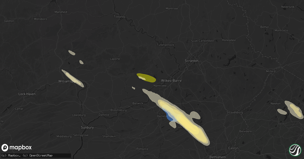 Hail map in Hunlock Creek, PA on July 15, 2026