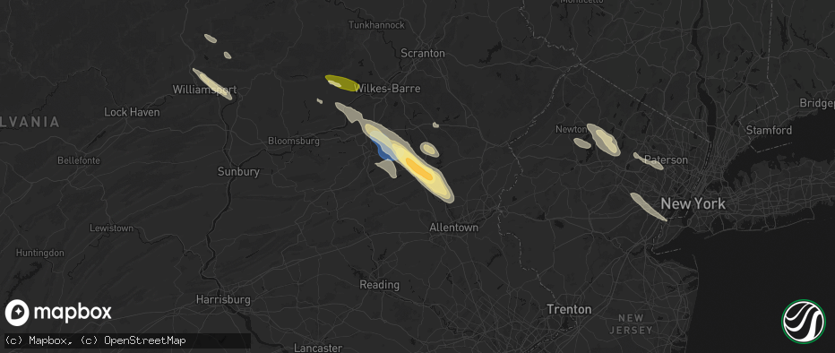 Hail map in Lehighton, PA on July 15, 2026